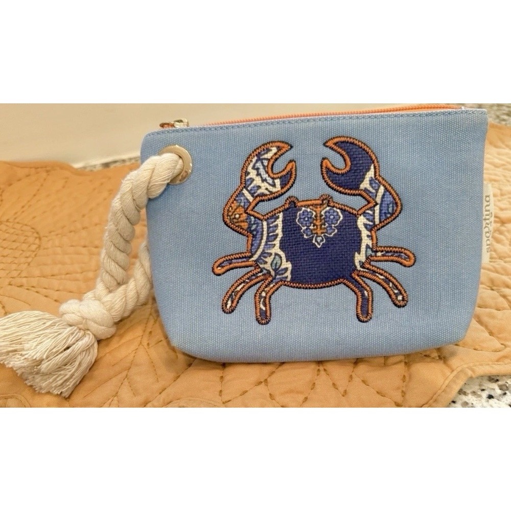 SPARTINA 449 Blue Crab Wristlet Nautical Coastal Zip Pouch Beach Clutch Rope